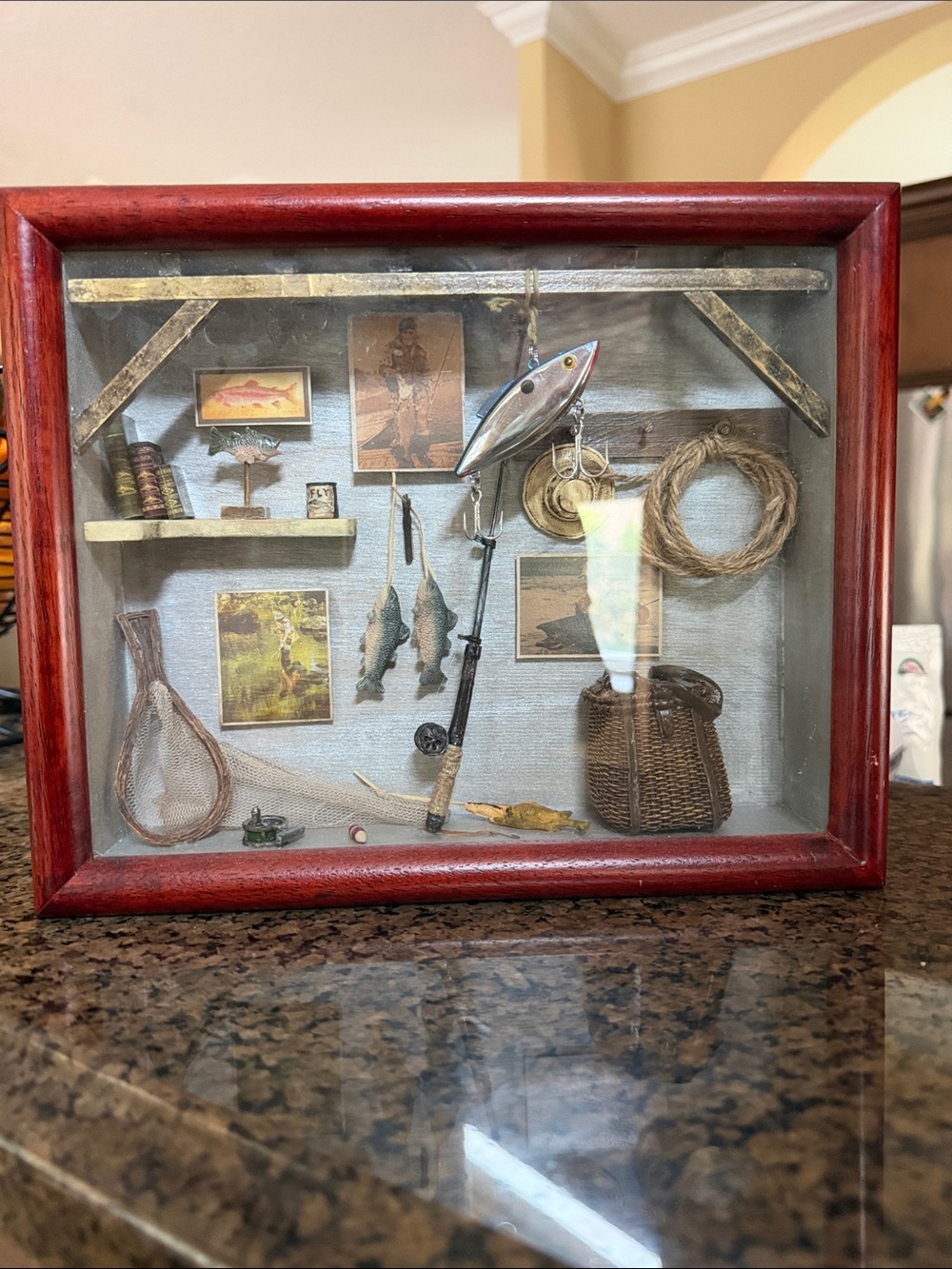 Fisherman Shadow Box Display in Red Frame